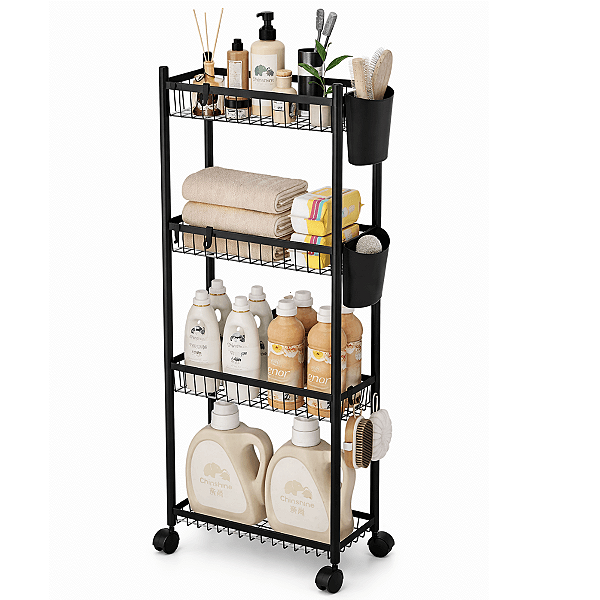 Carrinho Organizador 4 Prateleiras Multiuso Cozinha Lavanderia Banheiro com Ganchos