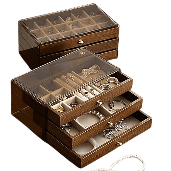 Porta Joias Caixa Organizadora Luxo Para Jóias De Madeira Com 3 Gavetas