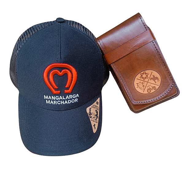 Kit country capa de celular couro + boné Mangalarga Marchador
