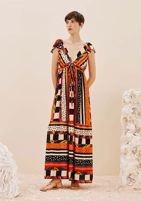 Vestido Longo Decote Túnel Estampado Terra