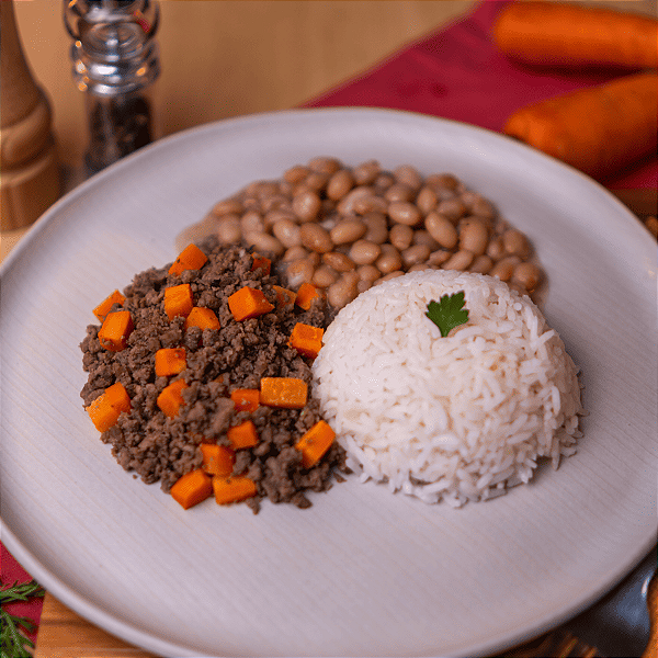 Carne moída com cenoura cubos, arroz branco e feijão carioca - 600G