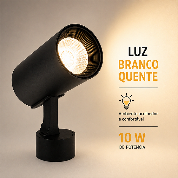 Luminária Spot para Trilho Eletrificado Led Trilho 10w Branco Quente Preto
