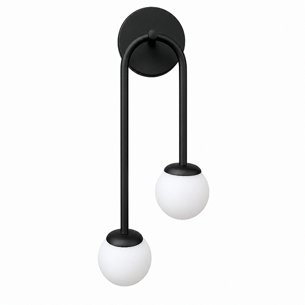 Arandela Preta Fosca de Parede Duo com 2 Globos de Vidro Branco – G9