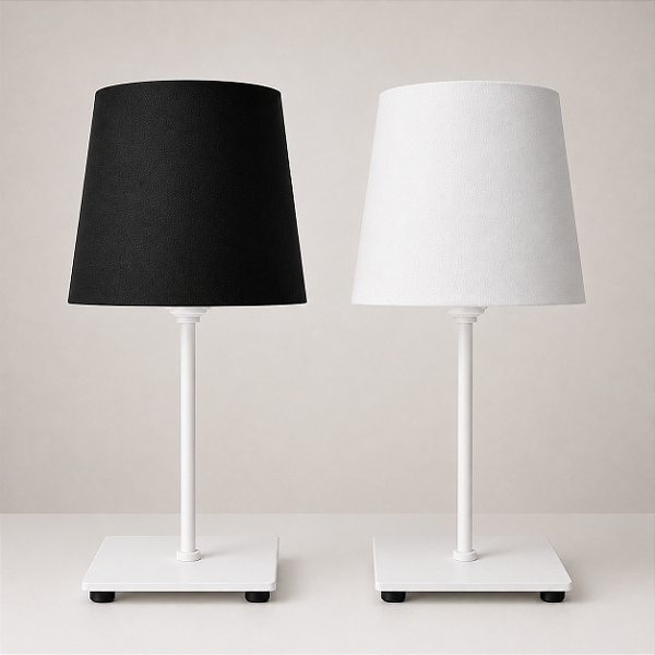 Abajur de Mesa Moderno Branco Fosco com Cúpula em Tecido Branco/Preto para Quarto Sala Escritório e Home Office