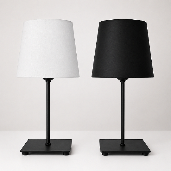 Abajur de Mesa Moderno Preto Fosco com Cúpula em Tecido Branco/Preto para Quarto Sala Escritório e Home Office