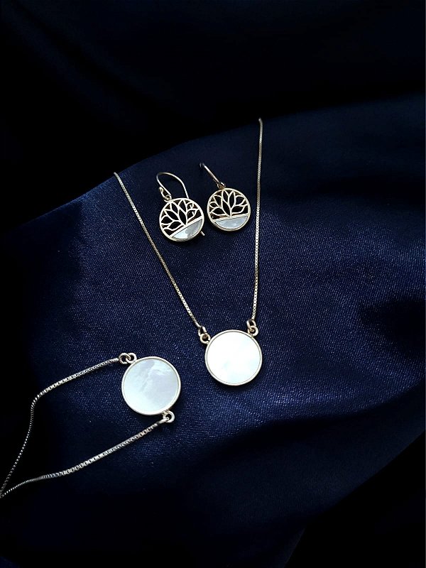 Conjunto de prata Colar, Pulseira Madrepérola com brinco de Madrepérola e Flor de Lotus