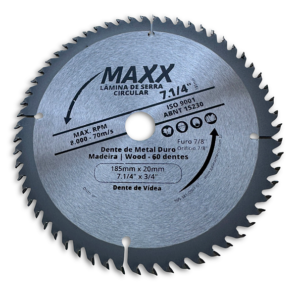 Disco Lâmina de Serra Circular 60 Dentes - 7.1/4" (185mm) x 20mm (furo)