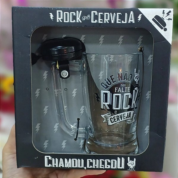 Caneca Campainha "Que não nos falte rock e cerveja" Vidro 340 ml