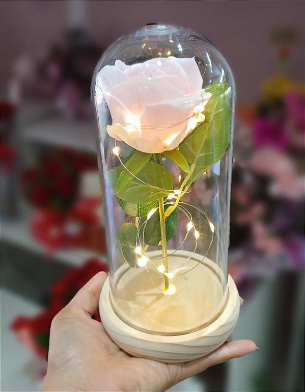 Rosa Rosa Claro Encantada Eterna Brilhante LED na Cúpula 21 cm Artificial