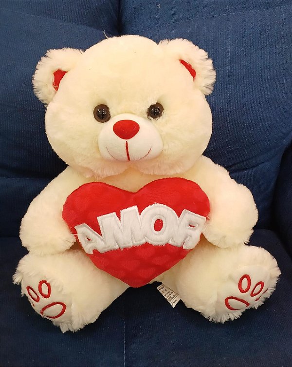 Urso Branco com um Coração "Amor" em branco 25 cm de Pelúcia