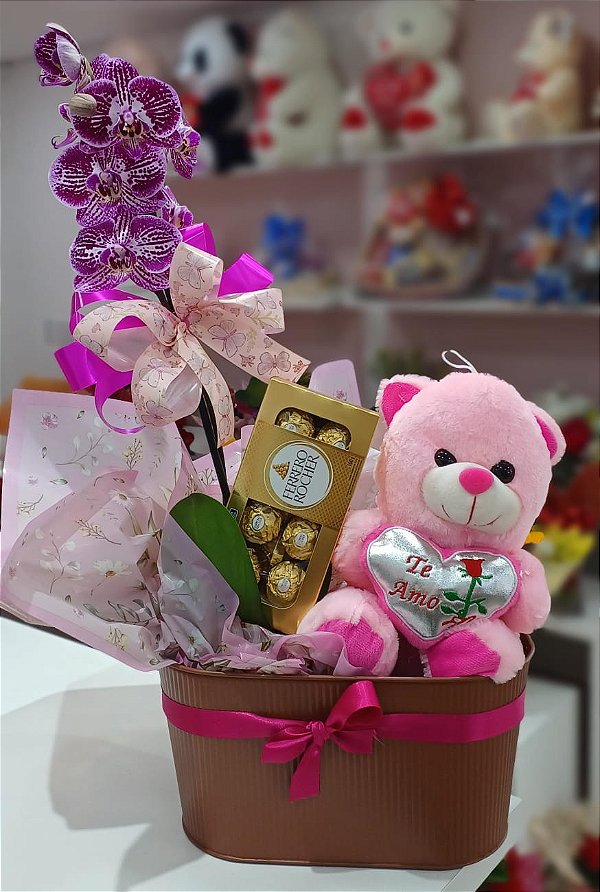 Kit de Arranjo de Orquídeas com Pelúcia e Chocolate Ferrero Rocher