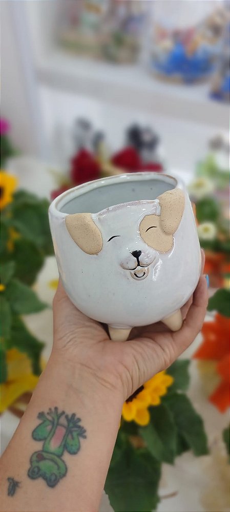 Vaso de Cachorro Branco de Cerâmica de 9 cm x 8 cm