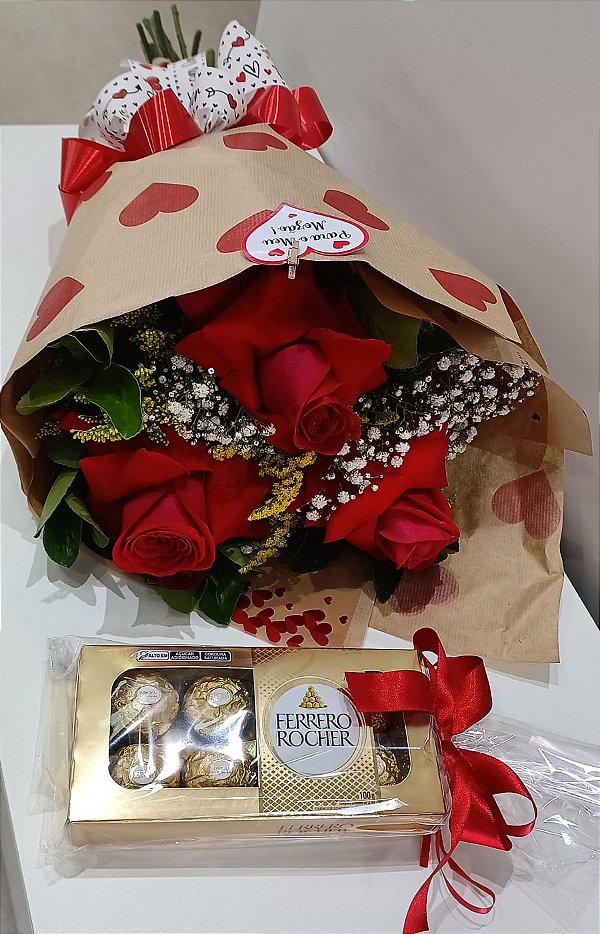 Buquê Trio de Rosas com Ferrero Rocher