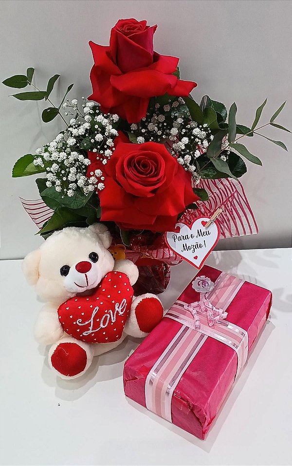 Kit Arranjo de Rosas com Chocolate e Pelúcia