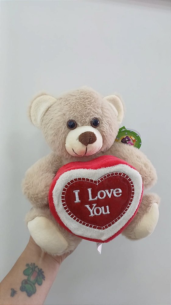 Urso Caco Bege Presente Coração "I LOVE YOU" 21 cm de Pelúcia 88H-24103-20