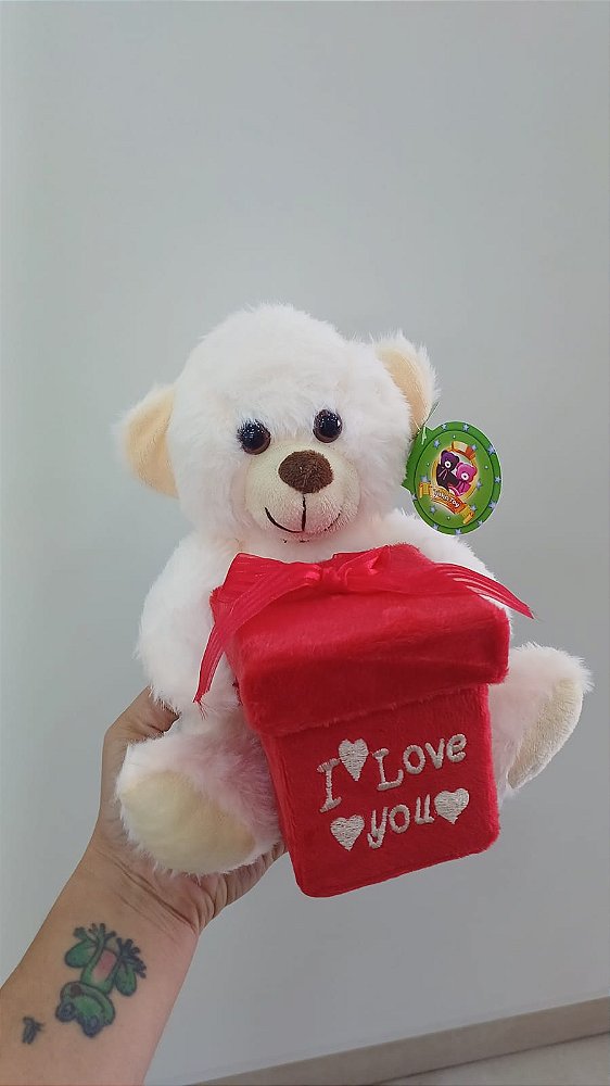 Urso Caco Rosa Claro Presente Quadrado "I LOVE YOU" 19 cm de Pelúcia 88H-24101-20