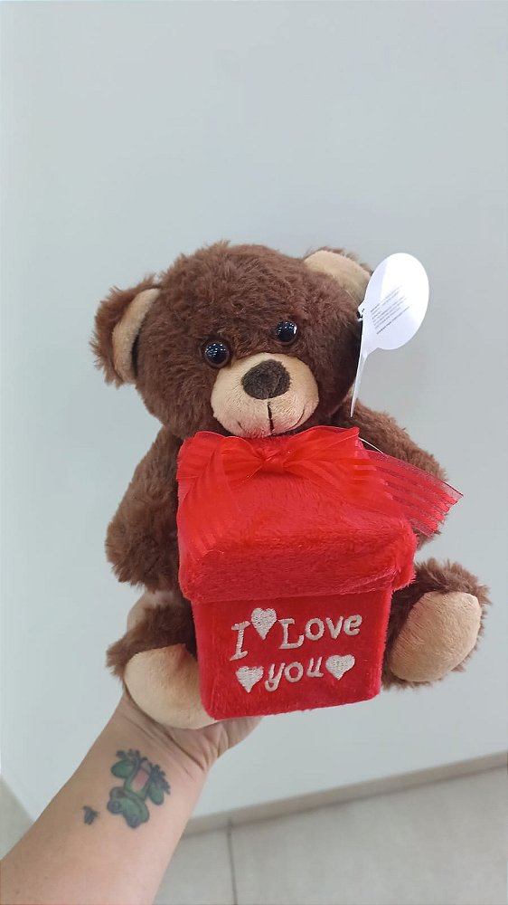 Urso Caco Marrom Presente Quadrado "I LOVE YOU" 19 cm de Pelúcia 88H-24101-20