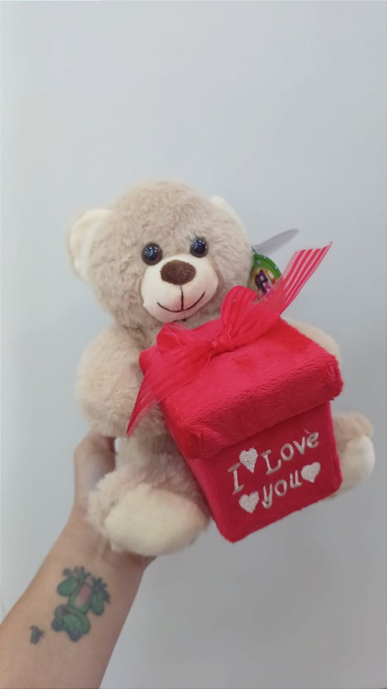 Urso Caco Bege Presente Quadrado "I LOVE YOU" 19 cm de Pelúcia 88H-24101-20