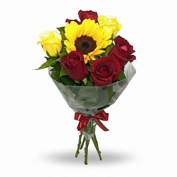 Buquê de 6 (Seis) Rosas (4 (Quatro) Vermelhas e 2 (Duas) Amarelas) e 1 (Um) Girassol – Beleza Natural