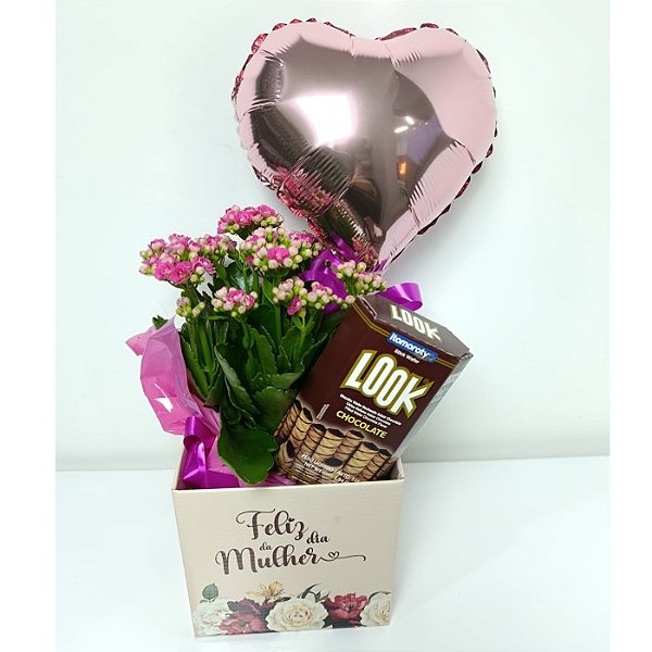 Cestas de Aniversário | Comemorativa - Feliz Dia da Mulher com Kalandiva, Balão 10 (dez) Polegadas Rosa e Chocolate Look 55g (cinquenta e cinco gramas)