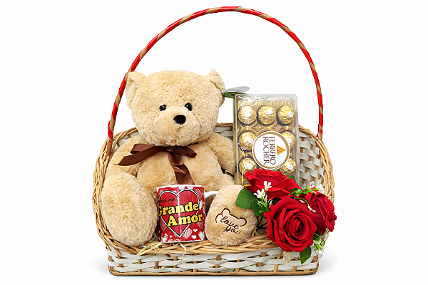 Cesta Romântica - Urso Mensageiro do Amor 30 (trinta) cm com Ferrero Rocher 150g