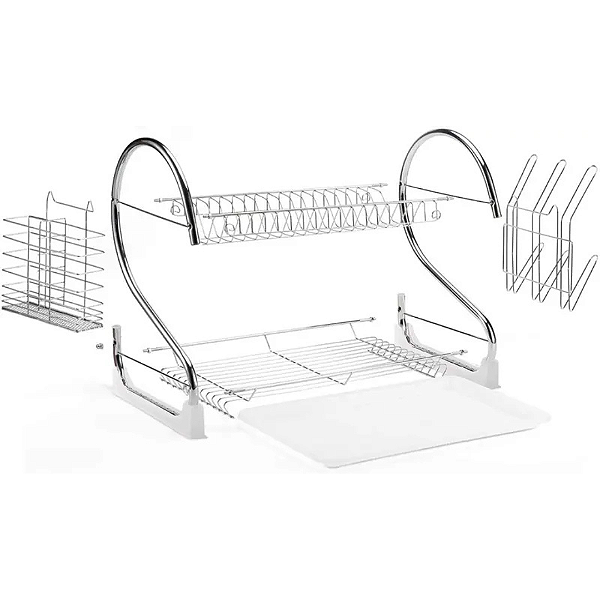 Escorredor de Aço Inox 14 Pratos com 2 Andares e Porta Talher - Prático e Elegante