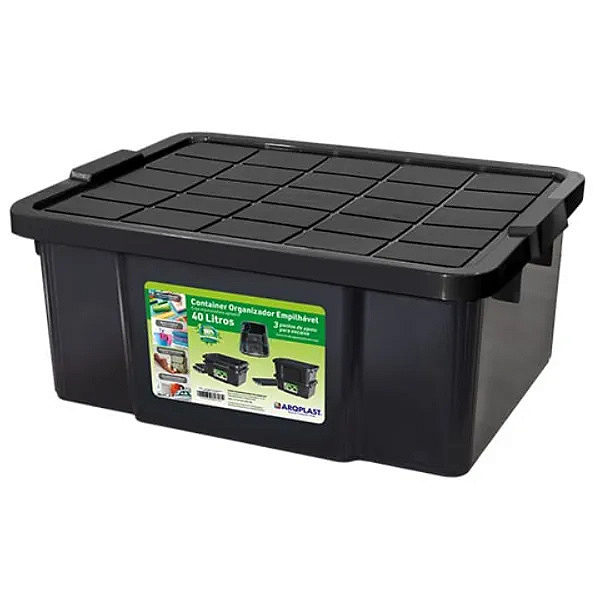 Container Organizador Empilhável com Tampa Preto 40L - Arqplast