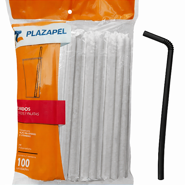 Canudo p/ Drink PRETO Flexível 6x210mm c/ 100un Plazapel
