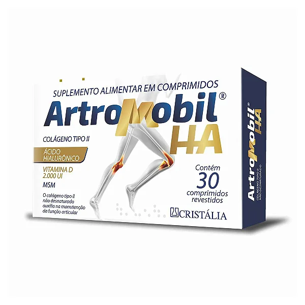 Artromobil HA Colágeno Tipo II + Ácido Hialurônico + Vitamina D 2.000 UI + MSM 30 comprimidos revestidos.
