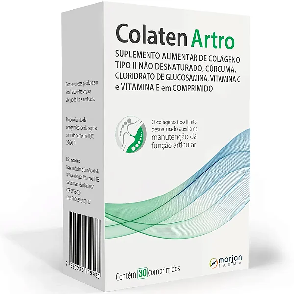 Colaten Artro Glucosamina + Colágeno Tipo II + Curcumina + Vitaminas C e E 30 comprimidos.