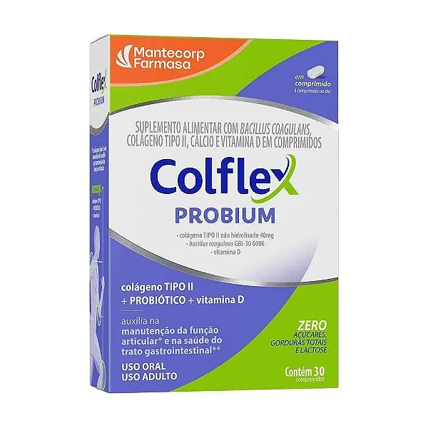 Colflex PROBIUM Colágeno Tipo II não desnaturado 40 mg + Bacillus coagulans + Vitamina D 30 comprimidos.