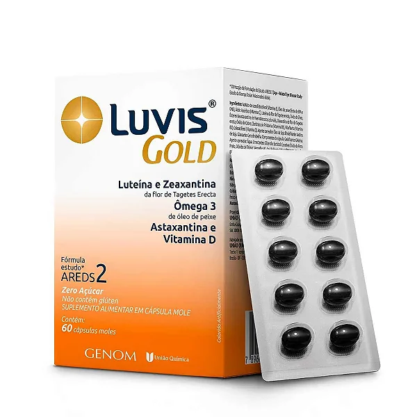 Luvis GOLD Luteína e Zeaxantina, Ômega 3, Astaxantina e Vitamina D Fórmula AREDS 2 60 cápsulas moles.