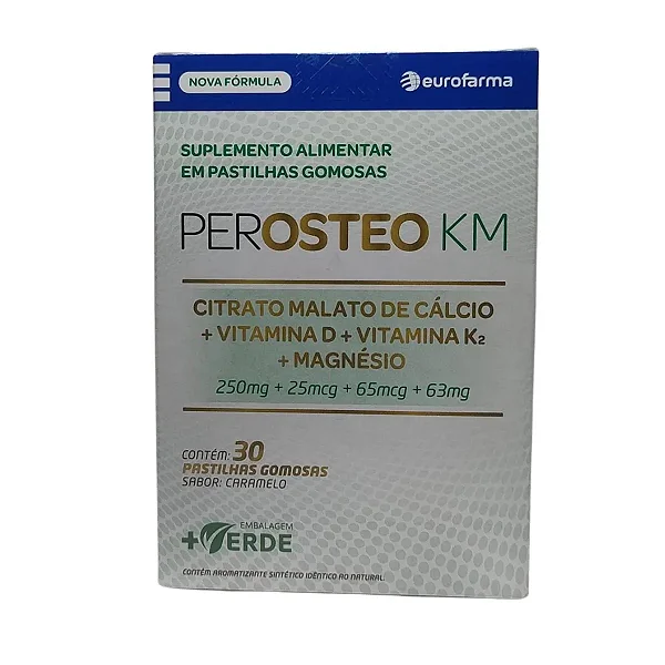 PEROSTEO KM Citrato Malato de Cálcio 250mg + Vitamina D 25mcg + Vitamina K2 65mcg + Magnésio 63mg 30 pastilhas gomosas.