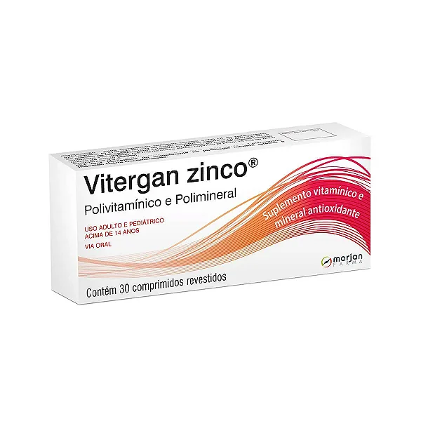 Vitergan Zinco 15mg Zinco Polivitamínico e Polimineral Antioxidante 30 comprimidos revestidos