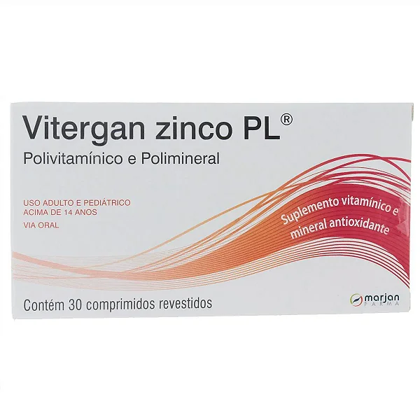 Vitergan Zinco PL 30mg Zinco Polivitamínico e Polimineral Antioxidante 30 comprimidos revestidos.