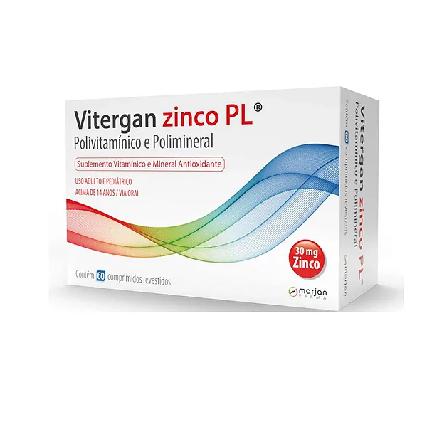 Vitergan Zinco PL 30mg Zinco Polivitamínico e Polimineral Antioxidante 60 comprimidos revestidos.