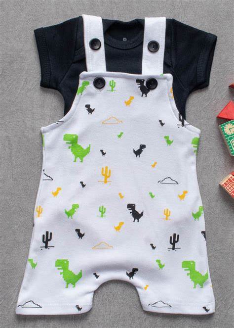 CONJUNTO JARDINEIRA ALGODÃO COM BODY BEBÊ BRANCO DINO