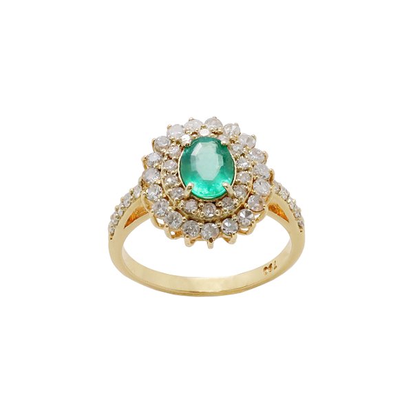 Anel de Esmeralda em Ouro 18k Cravejado com Diamantes, Lapidação oval