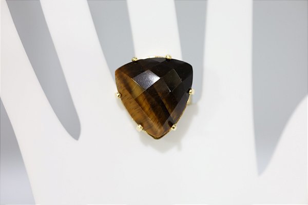 Anel de olho de tigre natural em prata banhado a ouro, ajustavel