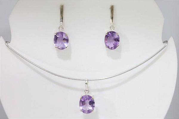 Brincos e Pingente em Prata  com ametista natural