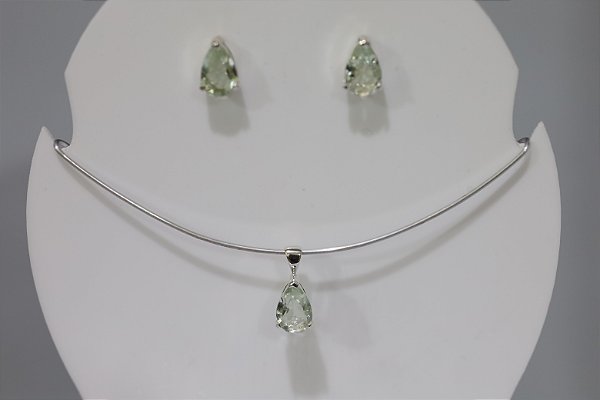Brincos e Pingente em Prata  com Prasiolita natural