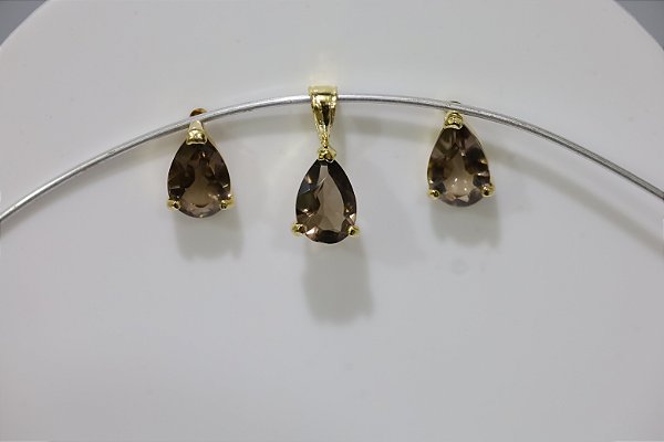 Brincos e Pingente em Prata banhado a ouro com quartzo fume natural