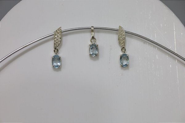 Brincos e Pingente em Prata com Agua marinha natural