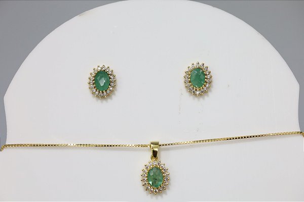 Brincos, Pingente e corrente em prata banhado a ouro com esmeralda natural