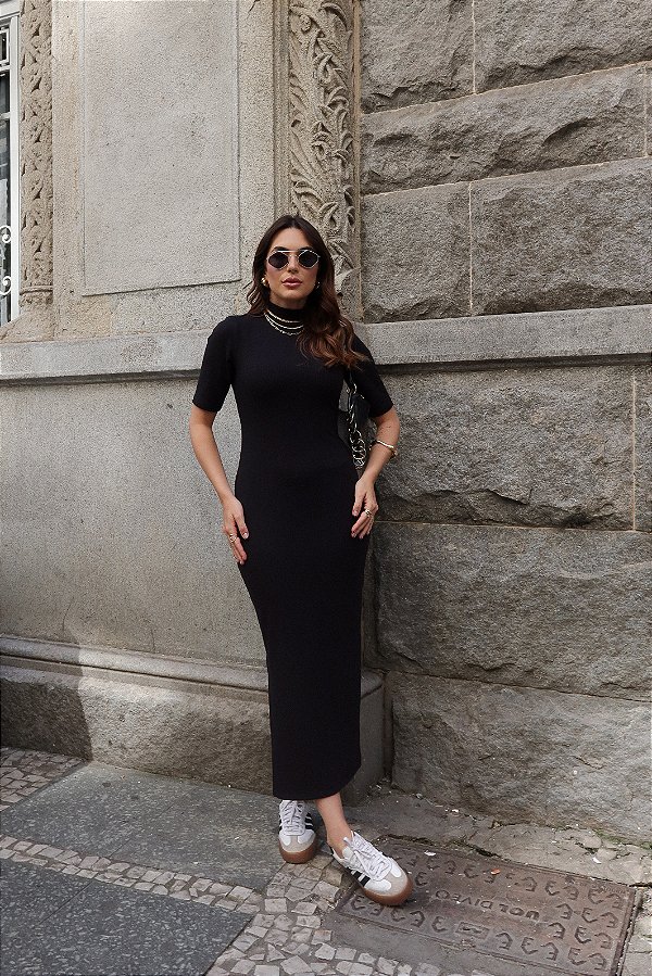 VESTIDO CANELADO PRETO MIDI