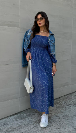 VESTIDO MIDI FLORAL AZUL MARINHO