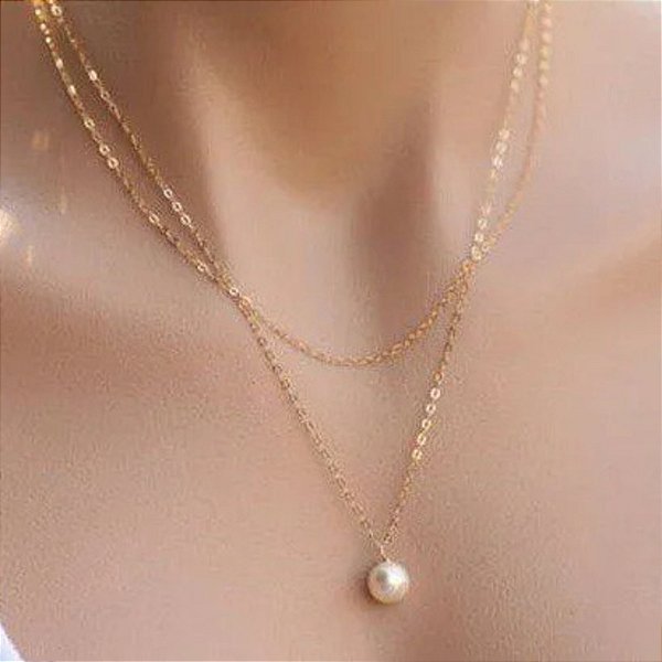 Colar Duplo Perola Folheado A Ouro 18k