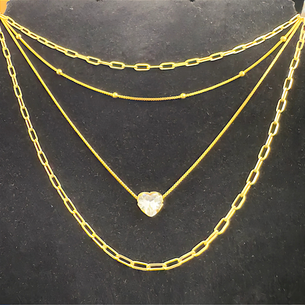 Conjunto Colares Cartier Pedra Coração Cristal Folheado a Ouro 18k
