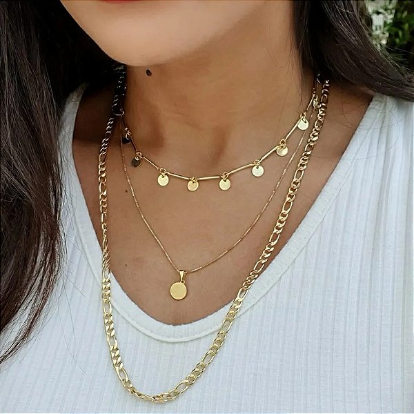 Conjunto 3 Colares Choker Chapinha Folheado A Ouro 18k
