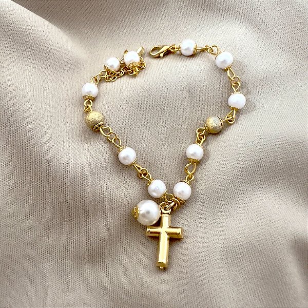 Pulseira Religiosa Pingente Cruz Crucifixo Folheado Ouro